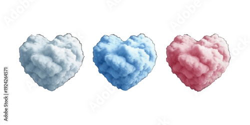 A row of three fluffy hearts in white, blue, and pink colors against a clean white backdrop.