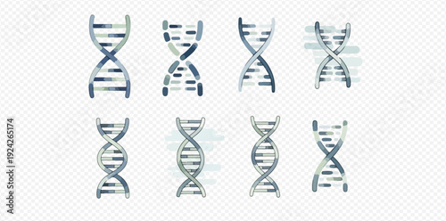 Collection of DNA molecule icons representing genetics, biology, and science.