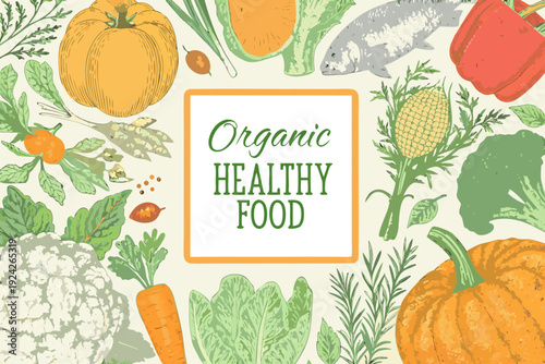 A vibrant illustration showcasing a variety of fresh organic fruits and vegetables