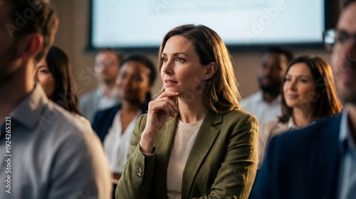 Thoughtful Woman Engaged in Business Conference Audience Listening Intently.