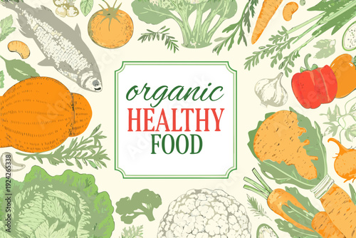 Fresh organic produce and seafood arranged in a colorful illustrative frame