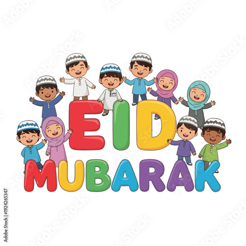 Eid mubarak celebration with diverse group of children