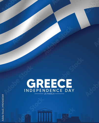 Greece Independence Day March 25 patriotic vector poster with waving national flag