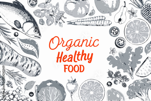 Stylized illustration of organic fruits vegetables and fish in grayscale