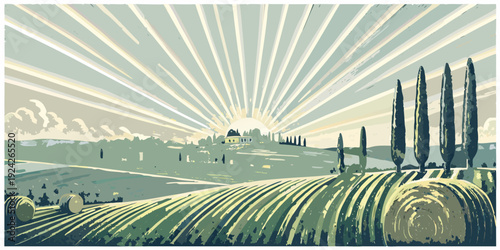 A stylized landscape featuring rolling hills trees and a radiant sunburst