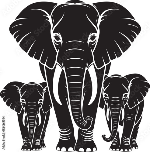 Family of three elephants, a large adult and two young ones, black and white illustration