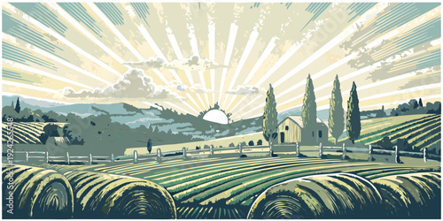 Serene countryside landscape with a bright sunburst and rolling fields