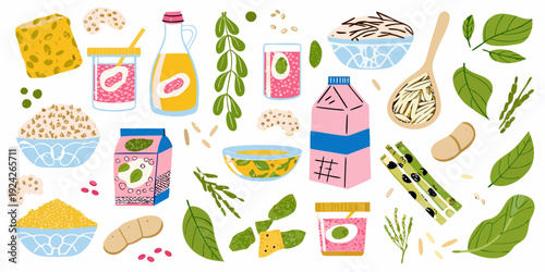 Colorful illustration depicting various grains legumes and dairy products