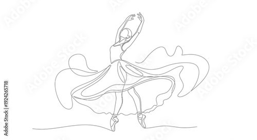 Elegant dancer in motion with flowing skirt and dynamic pose captured in simple yet effective line drawing