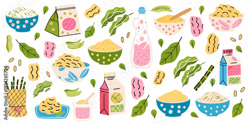 Colorful illustration of various grains seeds and plant based foods