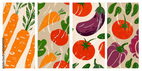 Colorful illustrated pattern featuring various fresh vegetables and foliage