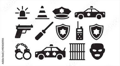Law Enforcement and Security Icon Collection with Patrol Car, Badge and Handcuffs