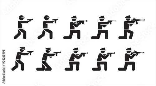 SWAT Team Action Pose Icon Set Isolated on White Background