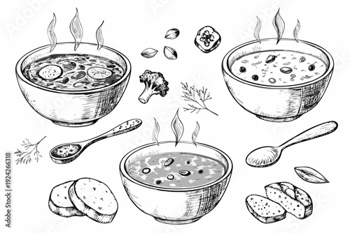 Ink sketch of two bowls of soup with accompanying bread and ingredients