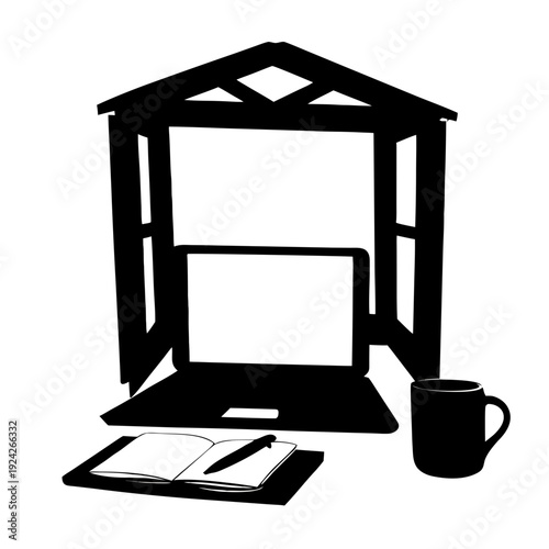 Modern workspace with laptop, notebook, and coffee cup