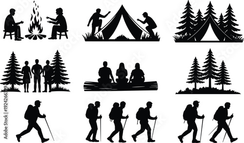 Camping and hiking silhouettes with tents, campfire, pine trees, outdoor adventure vector illustration for nature, travel, and recreational design