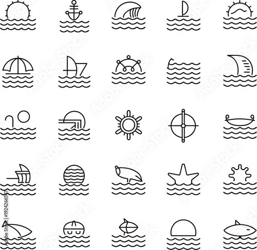 Minimalist nautical vector icons set featuring ocean marine beach travel water sports sea life vacation adventure collection