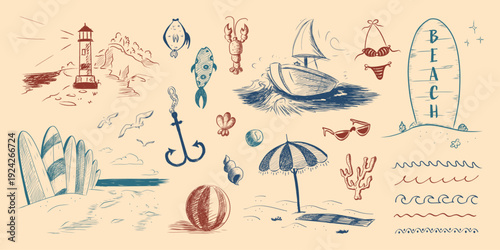 Summertime beach drawings, holiday seasonal leisure in realistic sketch style, featuring sailing equipment, surfing activities, marine food and life. Vector illustrations of the coastal lifestyle.