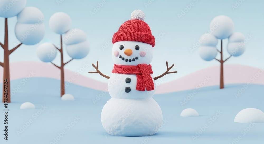 Fototapeta premium Cartoon snowman in winter landscape with red hat and scarf