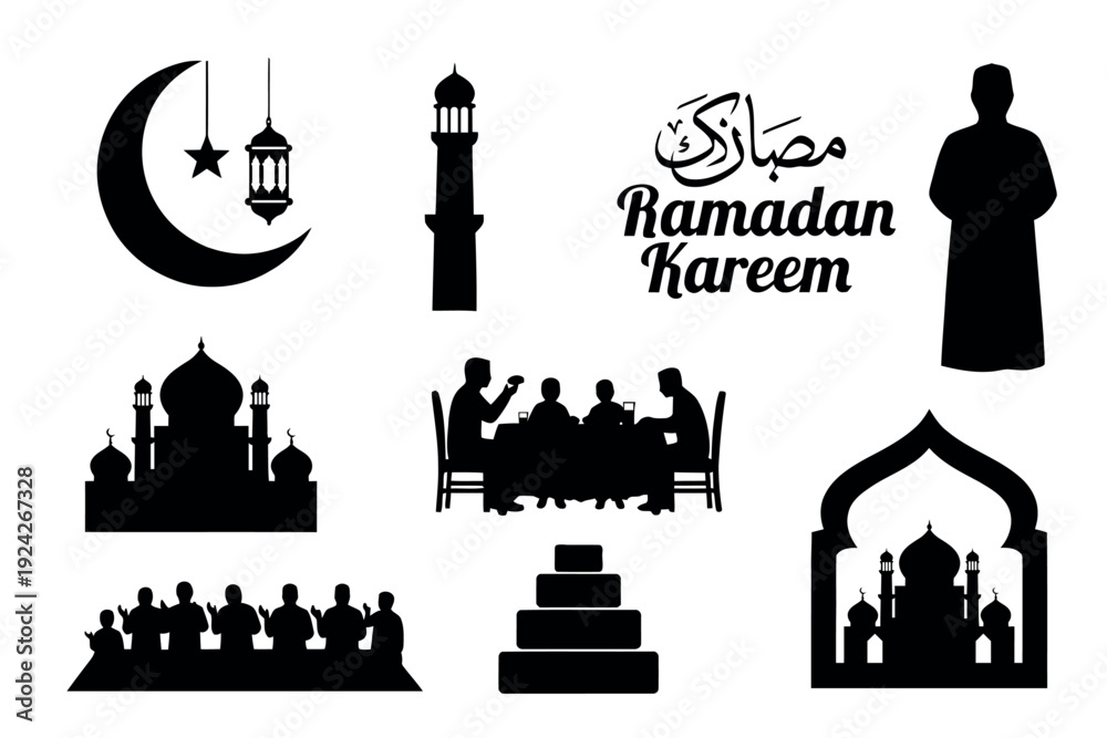 Naklejka premium Ramadan Kareem Silhouette Set – Islamic Symbols, Mosque, Prayer and Iftar Vector