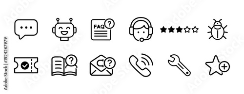 Customer Support and Help Center Interface Icons Minimal Black and White Line Art