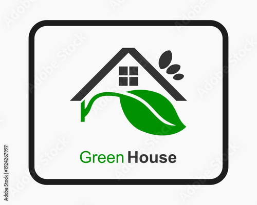 Green House Logo Design with Leaf and House Roof Icon for Eco Friendly Business