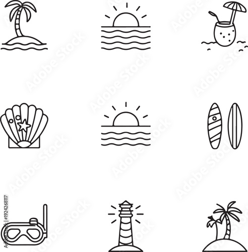 summer beach vacation icons in a minimalist black line art style including a palm tree, umbrella, sunglasses, and flip-flops for travel and holiday concepts