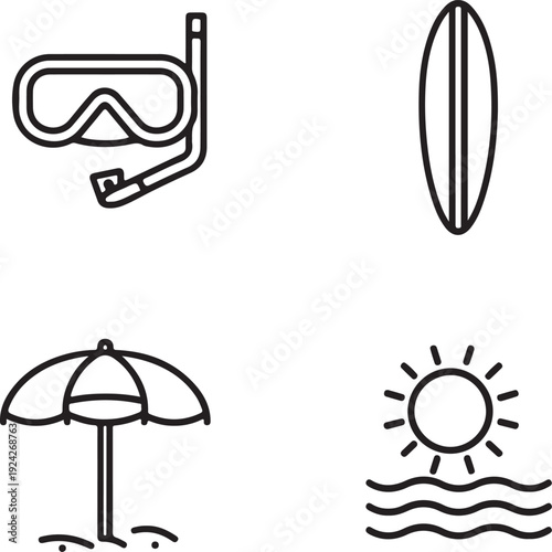 Collection of simple outline beach icons depicting summer vacation activities and sunny seaside elements for design 