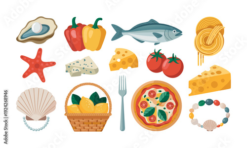 Mediterranean Seafood and Italian Food Objects Collection Modern Flat Vector Illustration Set, easily editable.