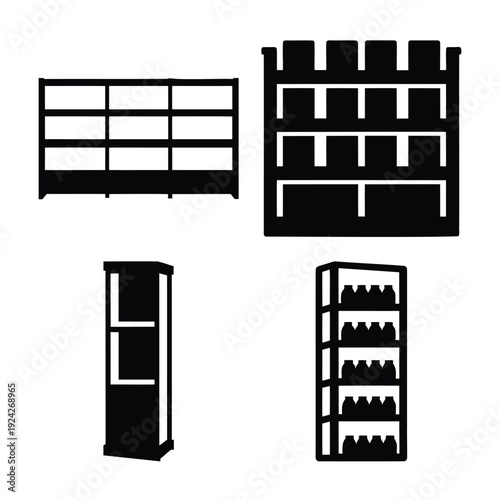 Collection of diverse shelving units and storage racks depicted as black silhouette icons