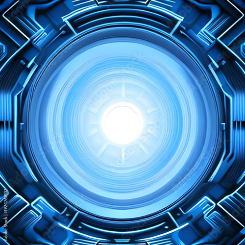 Futuristic blue circular portal with bright white light center