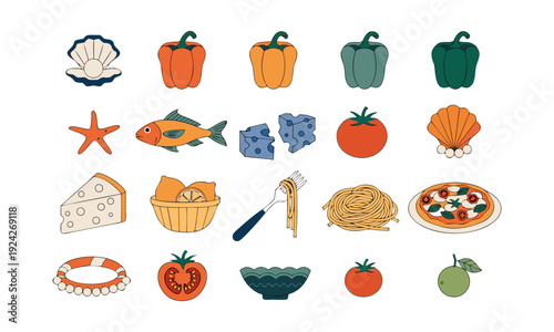 Seafood and Italian Food Collection Flat Vector Clipart Set Isolated Objects on White Background, easily editable.