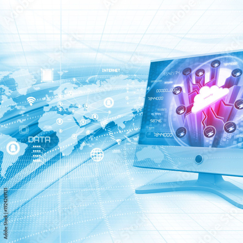 Modern computer screen displaying cloud security and data network