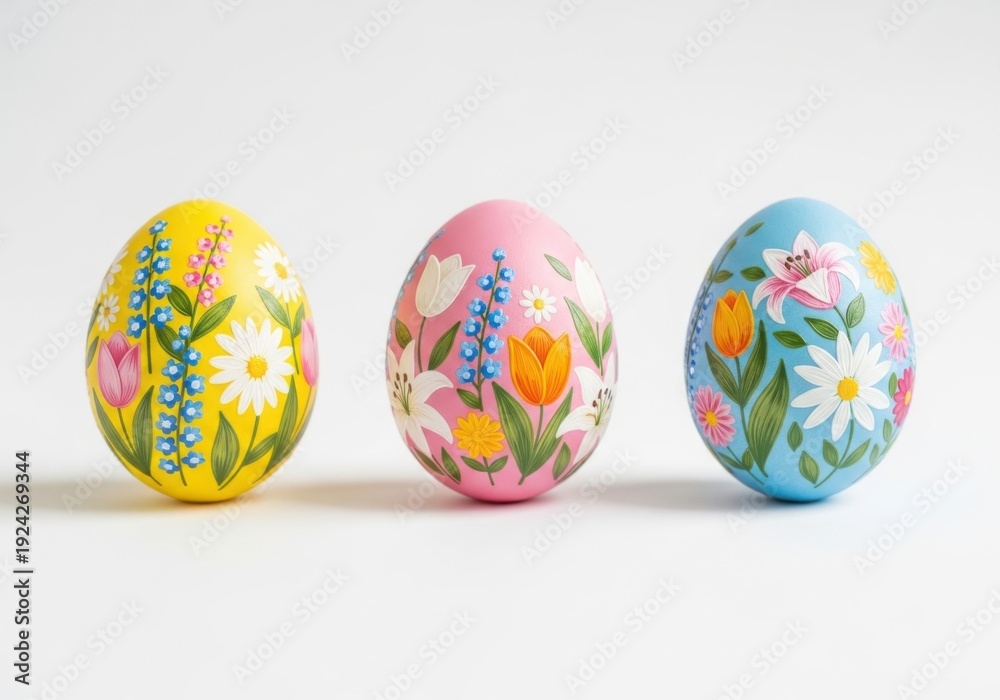 Fototapeta premium Three colorful easter eggs with floral patterns on white surface