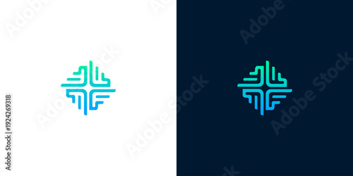 Modern abstract symmetrical logo design representing digital connections and technological progress, featuring flowing lines in a vibrant blue-green gradient