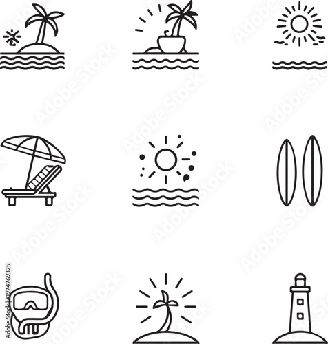 Summer vacation line icons. Beach holiday travel symbols. Tourism set. Minimal outline. 