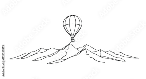 Hot air balloon soaring above serene mountain landscape with peaceful surroundings