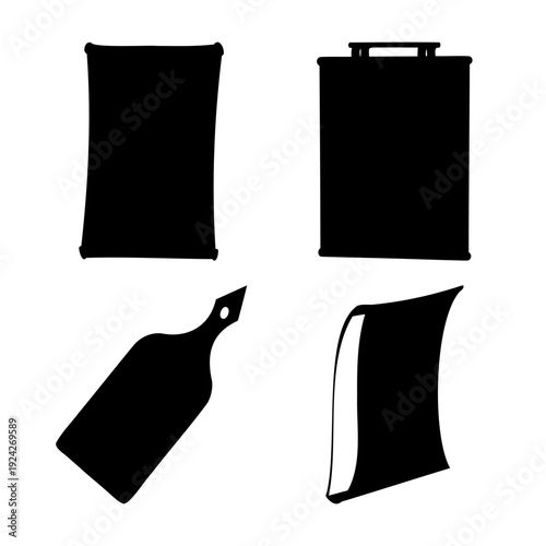 Diverse collection of everyday item silhouettes, featuring containers, kitchenware, and abstract forms