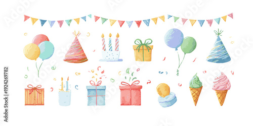 A vibrant illustration of various objects floating in the sky, including houses, cars, and animals.