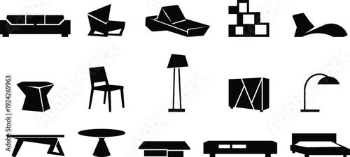 Furniture icon set, Home interior furniture silhouettes pack, Sofa chair table household collection