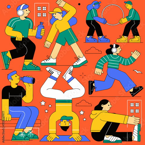 Vector illustrations of street workout activities with vibrant colors and active poses
