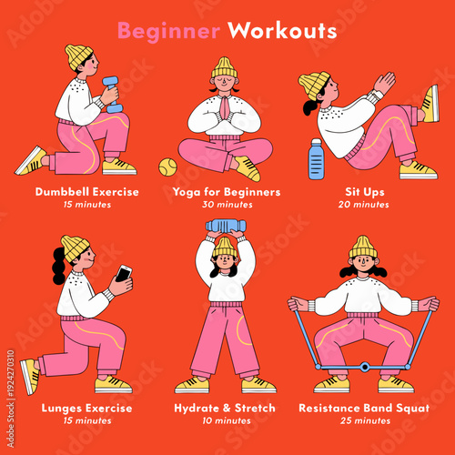Beginner workouts at home with illustrated exercises on a colorful background