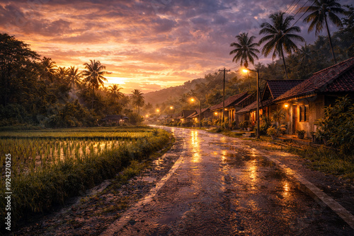 Rainy Rural Village Road at Sunset with Wet Reflection