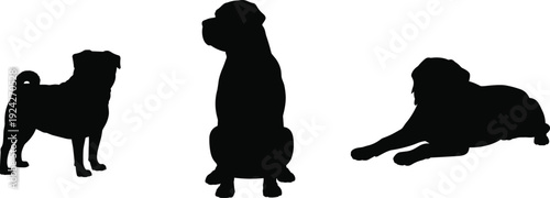 Dog, silhouettes, animals, pet, puppy, canine, standing, sitting, lying, cute, domestic, breed, companion, black, illustration, vector, isolated, set, collection, design