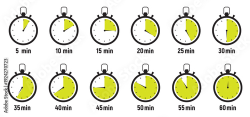 Timer, clock, stopwatch isolated set icons. Countdown timer symbol icon set. Label cooking time. Vector illustration.Set of analog clocks for every hour icon.Stopwatch icon from 1 to 60 minute timer