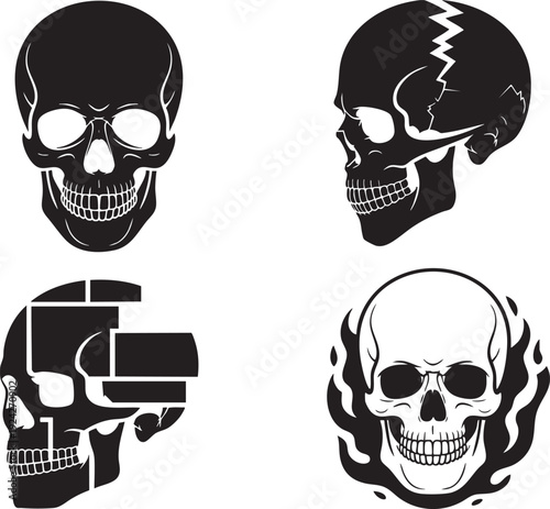 Skull graphic set front side broken flaming artistic human head skull drawings vector illustrations gothic art