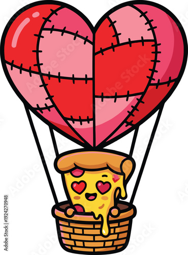 Adorable Pizza Slice in a Woven Basket Hot Air Balloon with a Quilted Heart Shape Isolated png illustration, transparent background