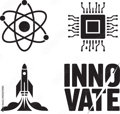 Science and innovation icons atom processor rocket and innovate text on transparent background vector