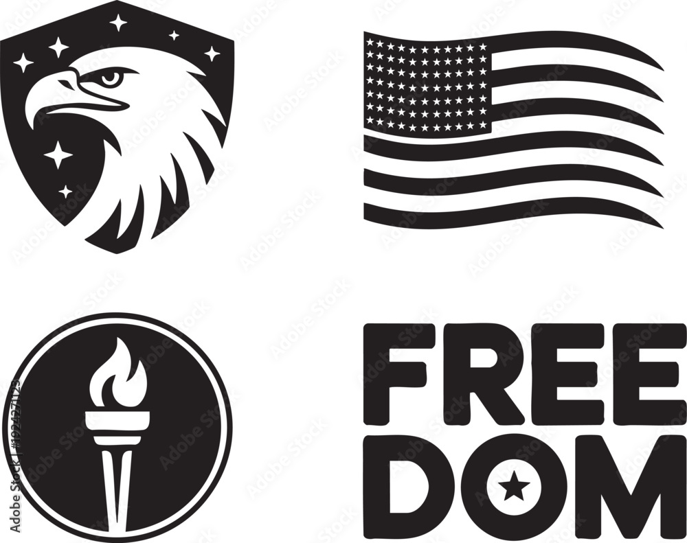 Fototapeta premium American symbols eagle flag torch and freedom text on transparent background vector illustration