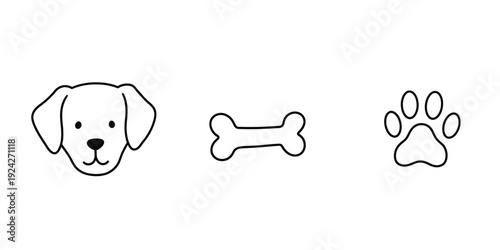 Dog head bone and paw icons  simple line style pet symbols
